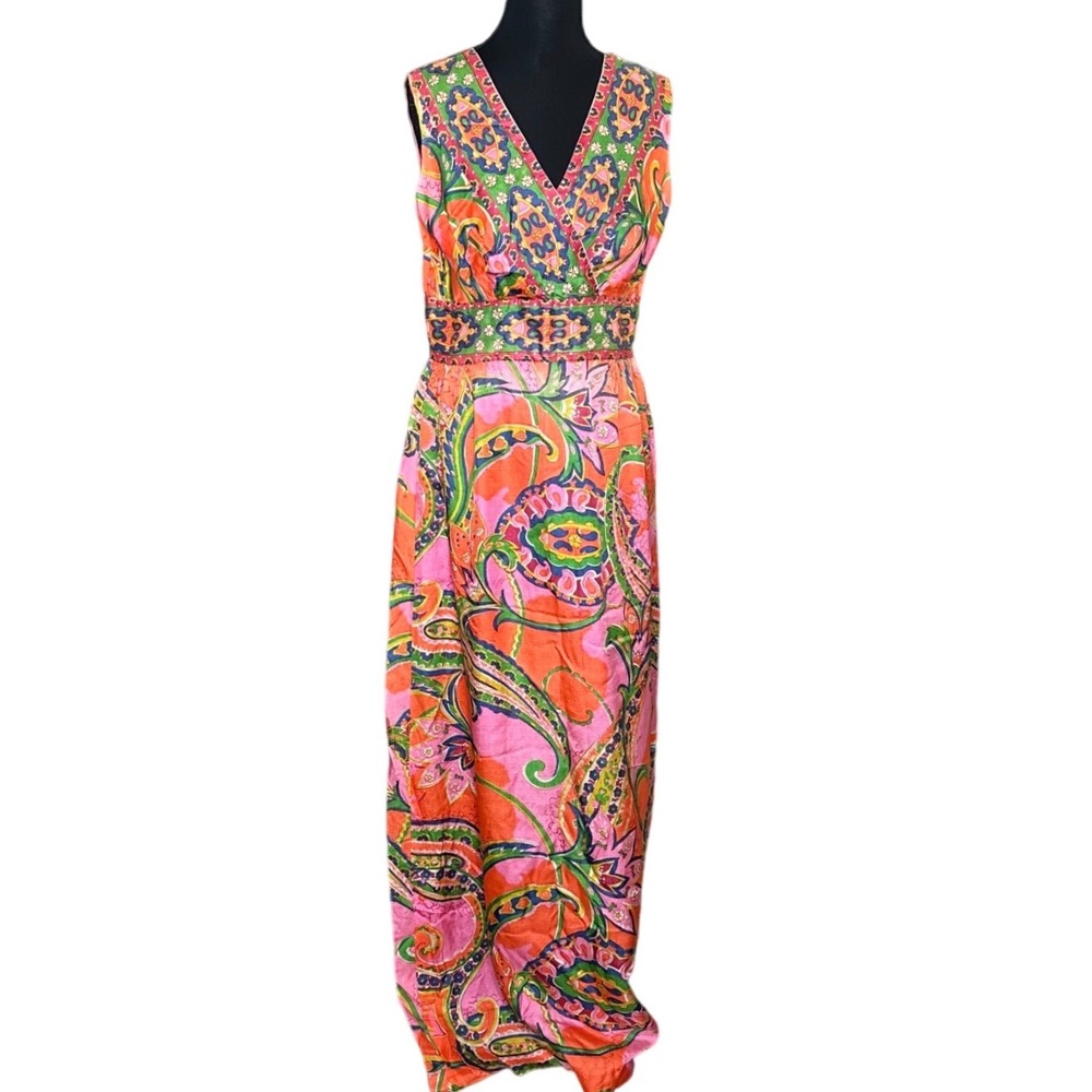 Vintage 70s Pink Orange Paisley Floral Psychedelic Maxi Dress Mod S/M Hostess